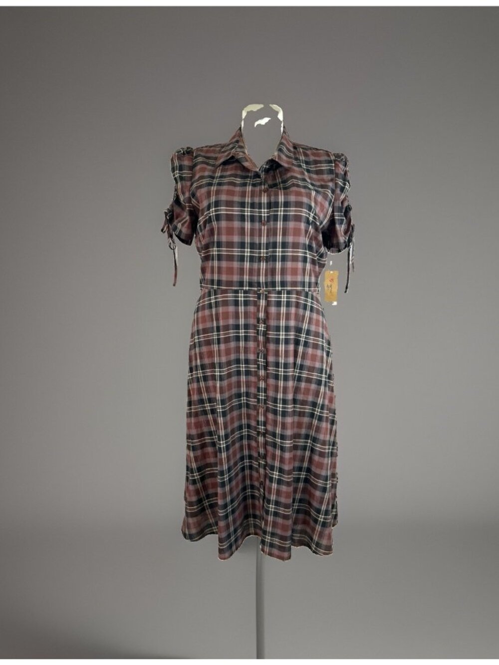 Cremieux Plaid Puff Sleeve Preppy Button Up front Midi Dress Size Womens 14 New